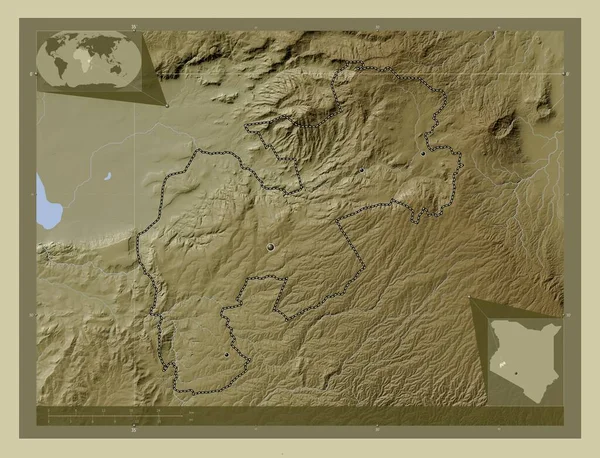 ケリコ ケニアの郡 湖や川とWikiスタイルで着色された標高マップ 地域の主要都市の場所 コーナー補助位置図 — ストック写真