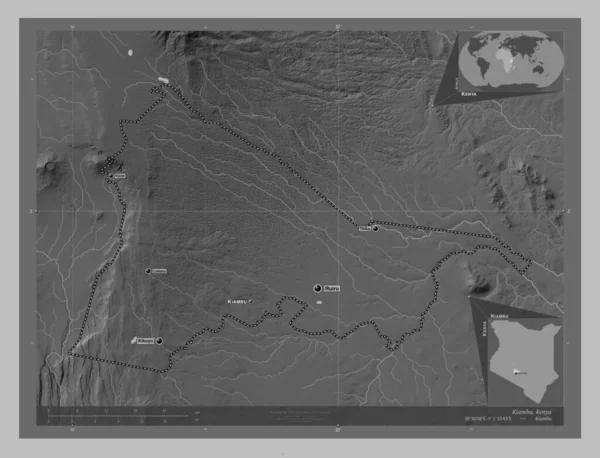 Kiambu Hrabstwo Kenia Mapa Wzniesień Skali Szarości Jeziorami Rzekami Lokalizacje — Zdjęcie stockowe