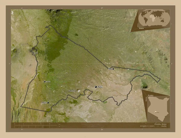 ケニアの郡キアンブ 低解像度衛星地図 地域の主要都市の位置と名前 コーナー補助位置図 — ストック写真