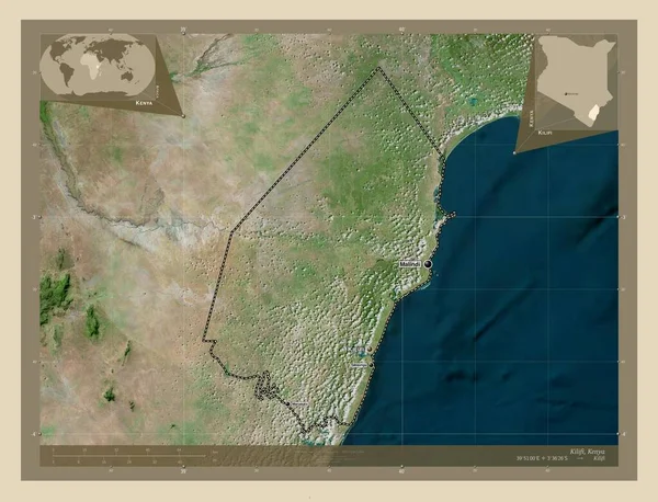 ケニアの郡キリフィ 高解像度衛星地図 地域の主要都市の位置と名前 コーナー補助位置図 — ストック写真