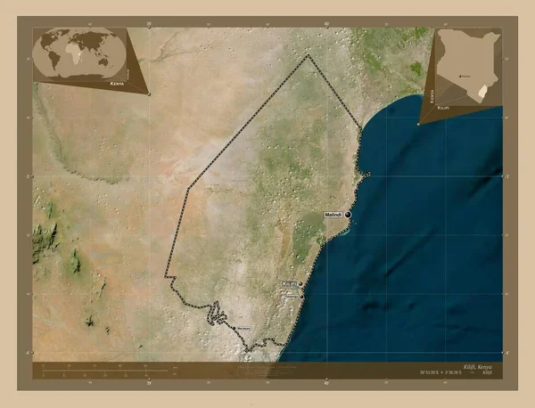 Kilifi 肯尼亚县 低分辨率卫星地图 该区域主要城市的地点和名称 角辅助位置图 — 图库照片