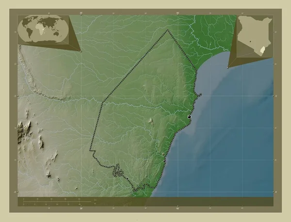 ケニアの郡キリフィ 湖や川とWikiスタイルで着色された標高マップ 地域の主要都市の場所 コーナー補助位置図 — ストック写真