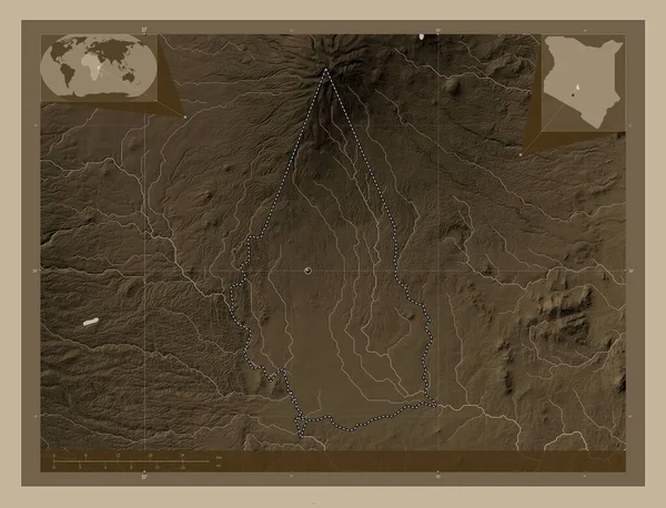 Kirinyaga Condado Kenia Mapa Elevación Coloreado Tonos Sepia Con Lagos — Foto de Stock