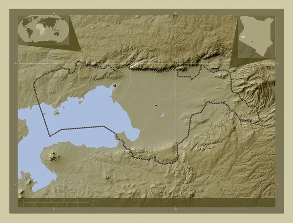 ケニアのキスム県 湖や川とWikiスタイルで着色された標高マップ 地域の主要都市の場所 コーナー補助位置図 — ストック写真