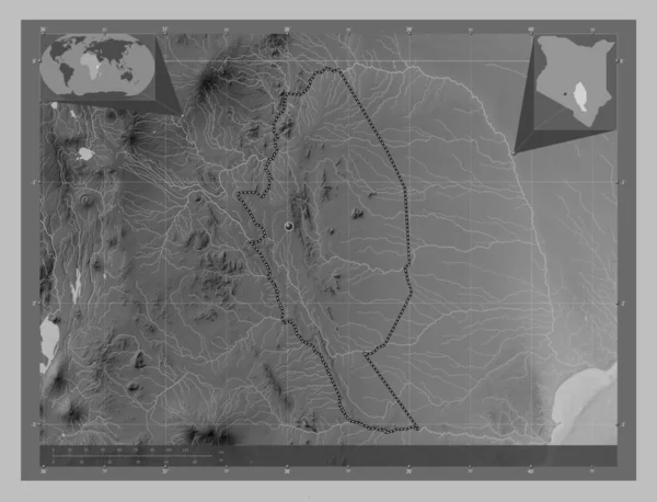 Kitui肯尼亚县Kitui带有湖泊和河流的灰度高程图 角辅助位置图 — 图库照片