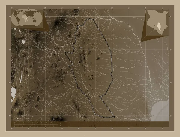 Kitui Okres Keňa Zdvihová Mapa Zbarvená Sépiovými Tóny Jezery Řekami — Stock fotografie