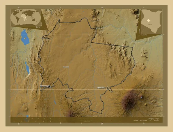ケニアの郡 ライキピア 湖や川と色の標高マップ 地域の主要都市の位置と名前 コーナー補助位置図 — ストック写真