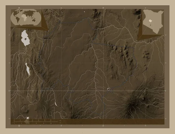 Laikipia Hrabstwo Kenii Mapa Elewacji Kolorowe Sepia Dźwięki Jeziorami Rzekami — Zdjęcie stockowe