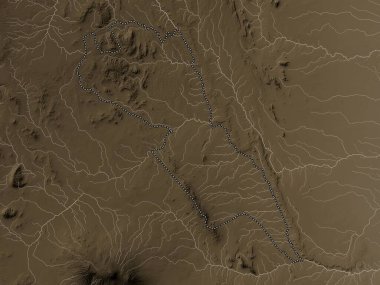 Makueni, Kenya ilçesi. Yükseklik haritası sepya tonlarında göller ve nehirlerle renklendirilmiş