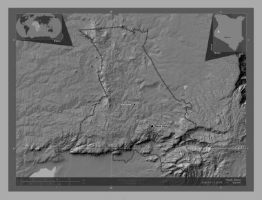 Nandi, Kenya ilçesi. Göllü ve nehirli çift katlı yükseklik haritası. Bölgenin büyük şehirlerinin yerleri ve isimleri. Köşedeki yedek konum haritaları