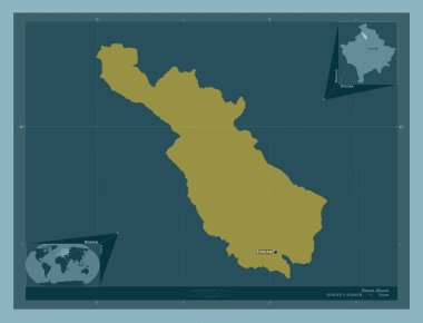 Zvecan, Kosova belediyesi. Katı renk şekli. Bölgenin büyük şehirlerinin yerleri ve isimleri. Köşedeki yedek konum haritaları