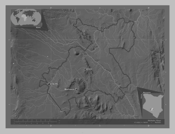 Machakos Hrabstwo Kenia Mapa Wzniesień Skali Szarości Jeziorami Rzekami Lokalizacje — Zdjęcie stockowe