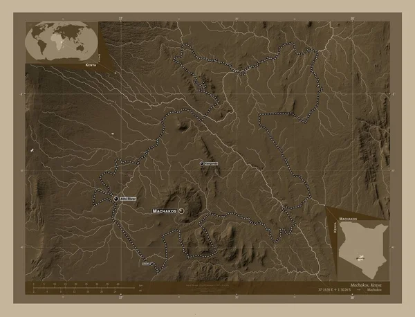 Machakos Condado Kenia Mapa Elevación Coloreado Tonos Sepia Con Lagos —  Fotos de Stock