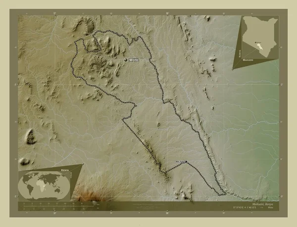 肯尼亚Makueni县 用Wiki风格绘制的带有湖泊和河流的高程地图 该区域主要城市的地点和名称 角辅助位置图 — 图库照片
