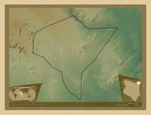 Mandera Kenya Megye Színes Domborzati Térkép Tavakkal Folyókkal Régió Nagyvárosainak — Stock Fotó