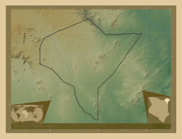 Μαντέρα Επαρχία Κένυας Χρωματιστός Υψομετρικός Χάρτης Λίμνες Και Ποτάμια Γωνιακοί — Φωτογραφία Αρχείου