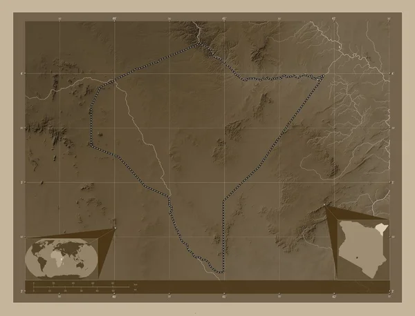 Mandera County Kenya Elevation Map Colored Sepia Tones Lakes Rivers — Stock Photo, Image