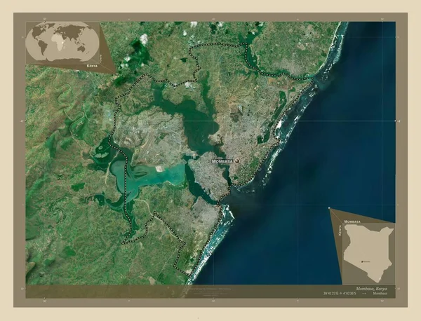 肯尼亚蒙巴萨县 高分辨率卫星地图 该区域主要城市的地点和名称 角辅助位置图 — 图库照片