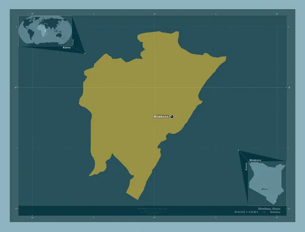 ケニアのモンバサ県 しっかりした色の形 地域の主要都市の位置と名前 コーナー補助位置図 — ストック写真
