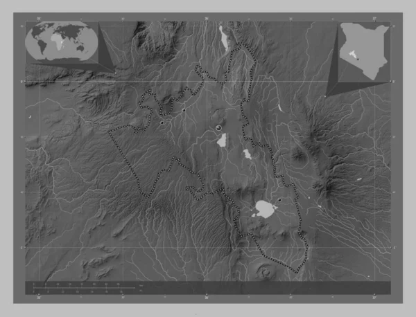 ケニアのナクル県 湖や川とグレースケールの標高マップ 地域の主要都市の場所 コーナー補助位置図 — ストック写真