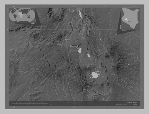 Nakuru Contea Del Kenya Mappa Elevazione Scala Grigi Con Laghi — Foto Stock