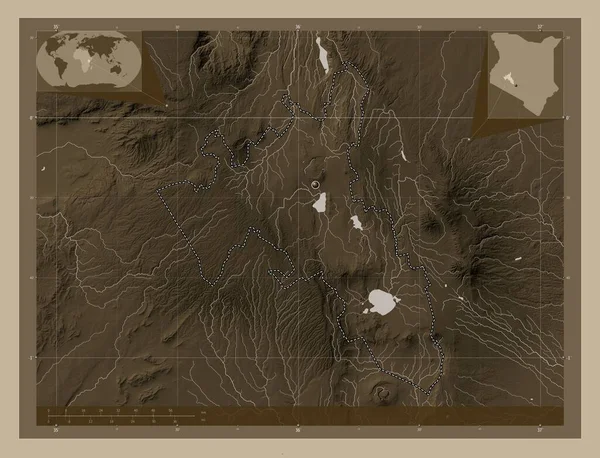 Nakuru Condado Kenia Mapa Elevación Coloreado Tonos Sepia Con Lagos —  Fotos de Stock