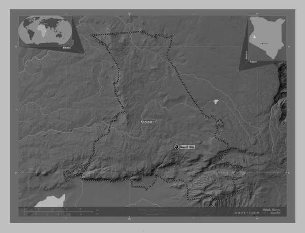 Nandi Hrabstwo Kenii Mapa Wzniesień Skali Szarości Jeziorami Rzekami Lokalizacje — Zdjęcie stockowe