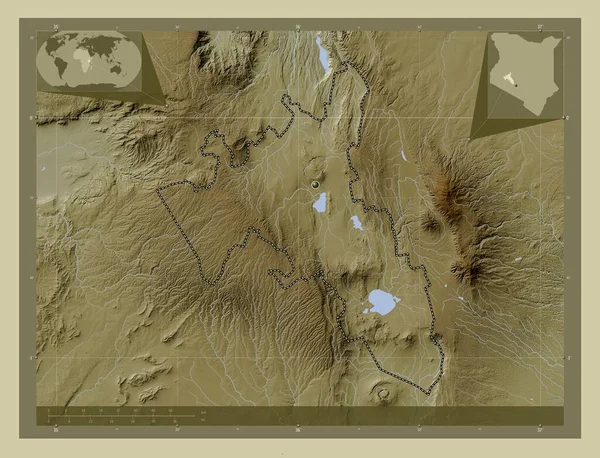 ケニアのナクル県 湖や川とWikiスタイルで着色された標高マップ コーナー補助位置図 — ストック写真