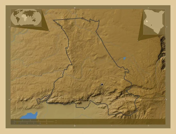 肯尼亚县 有湖泊和河流的彩色高程图 该区域主要城市的所在地点 角辅助位置图 — 图库照片