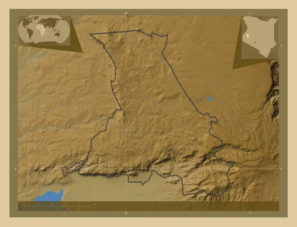 肯尼亚县 有湖泊和河流的彩色高程图 角辅助位置图 — 图库照片