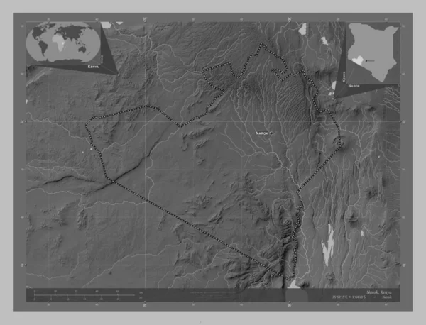 Narok Hrabstwo Kenii Mapa Wzniesień Skali Szarości Jeziorami Rzekami Lokalizacje — Zdjęcie stockowe