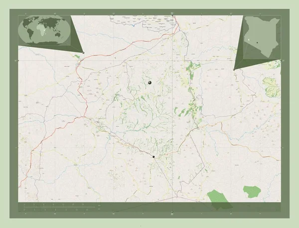 ケニアの郡 ニャミラ ストリートマップを開く 地域の主要都市の場所 コーナー補助位置図 — ストック写真