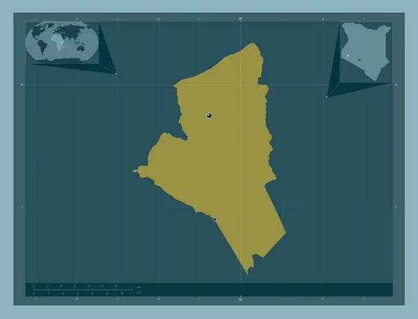 ケニアの郡 ニャミラ しっかりした色の形 地域の主要都市の場所 コーナー補助位置図 — ストック写真