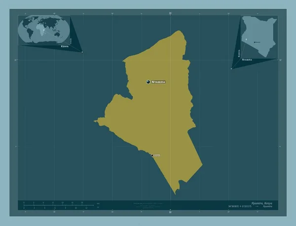 ケニアの郡 ニャミラ しっかりした色の形 地域の主要都市の位置と名前 コーナー補助位置図 — ストック写真