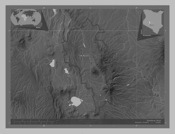 Nyandarua Hrabstwo Kenii Mapa Wzniesień Skali Szarości Jeziorami Rzekami Lokalizacje — Zdjęcie stockowe