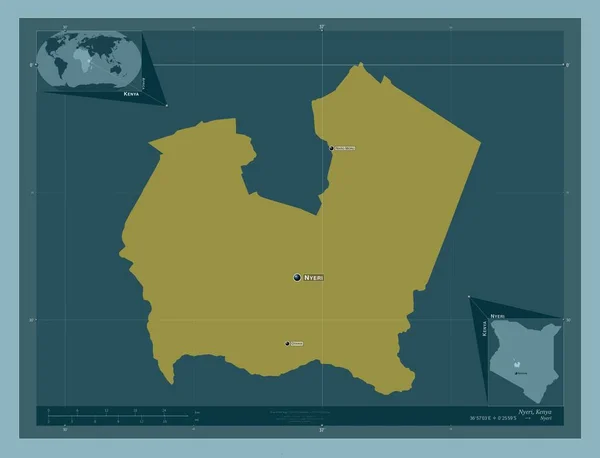 ケニアの郡ニエリ しっかりした色の形 地域の主要都市の位置と名前 コーナー補助位置図 — ストック写真