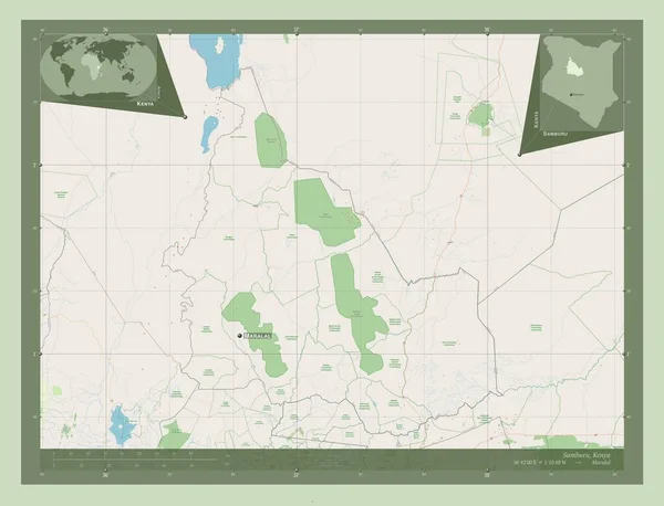 ケニアの郡Samburu ストリートマップを開く 地域の主要都市の位置と名前 コーナー補助位置図 — ストック写真