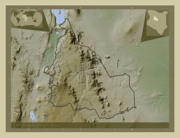 肯尼亚Samburu县 用Wiki风格绘制的带有湖泊和河流的高程地图 该区域主要城市的所在地点 角辅助位置图 — 图库照片