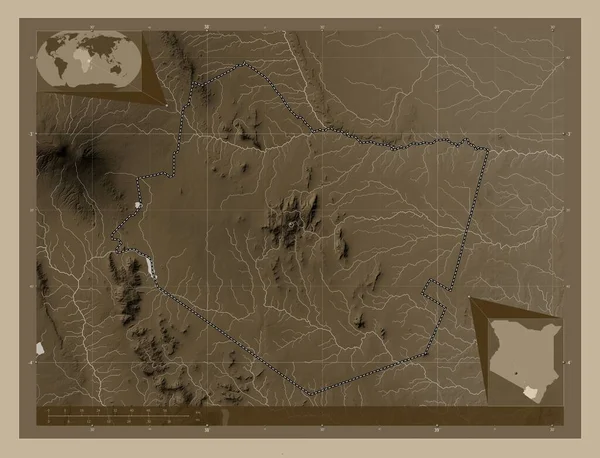 Таита Тавета Округ Кения Карта Высоты Окрашенная Сепиевые Тона Озерами — стоковое фото