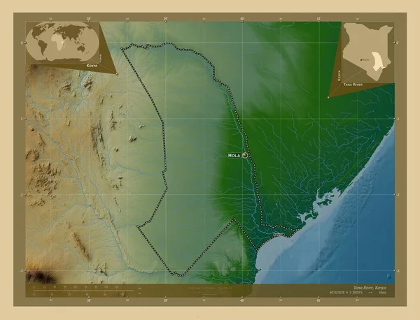 肯尼亚Tana River县 有湖泊和河流的彩色高程图 该区域主要城市的地点和名称 角辅助位置图 — 图库照片