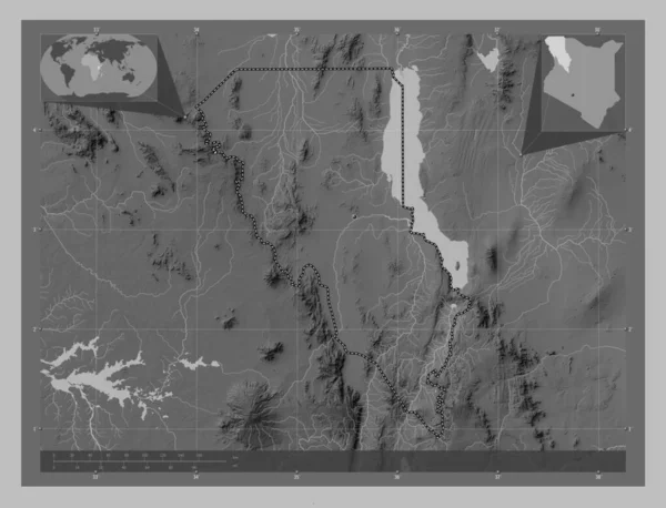 Turkana Länet Kenya Grayscale Höjdkarta Med Sjöar Och Floder Platser — Stockfoto