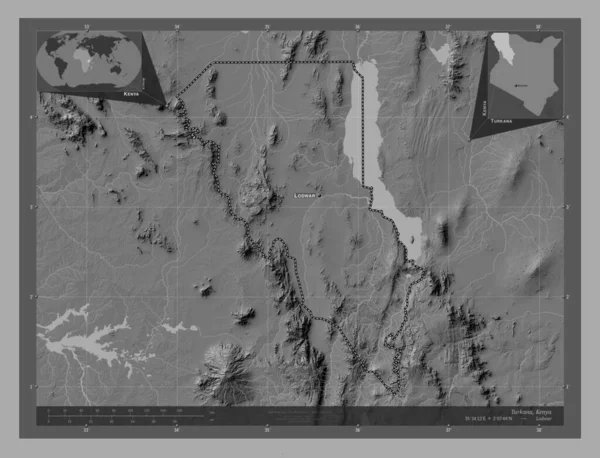 Turkana Hrabstwo Kenia Dwupoziomowa Mapa Jeziorami Rzekami Lokalizacje Nazwy Głównych — Zdjęcie stockowe