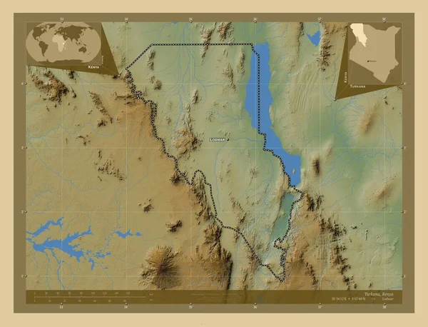 ケニアの郡トゥルカナ 湖や川と色の標高マップ 地域の主要都市の位置と名前 コーナー補助位置図 — ストック写真