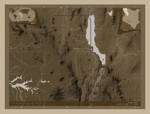 Туркана Округ Кения Карта Высоты Окрашенная Сепиевые Тона Озерами Реками — стоковое фото