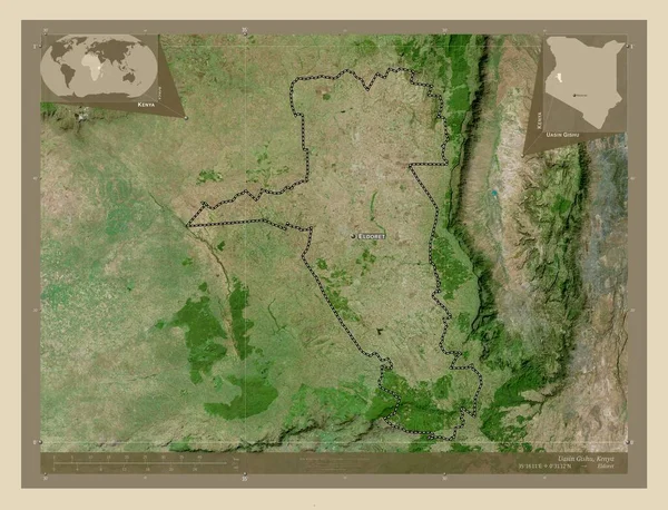 ケニアの郡 ウアシン ギシュ 高解像度衛星地図 地域の主要都市の位置と名前 コーナー補助位置図 — ストック写真