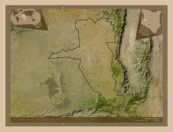 ケニアの郡 ウアシン ギシュ 低解像度衛星地図 地域の主要都市の位置と名前 コーナー補助位置図 — ストック写真