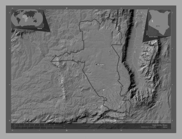 Uasin Gishu Hrabstwo Kenii Dwupoziomowa Mapa Jeziorami Rzekami Lokalizacje Nazwy — Zdjęcie stockowe