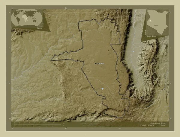 ケニアの郡 ウアシン ギシュ 湖や川とWikiスタイルで着色された標高マップ 地域の主要都市の位置と名前 コーナー補助位置図 — ストック写真