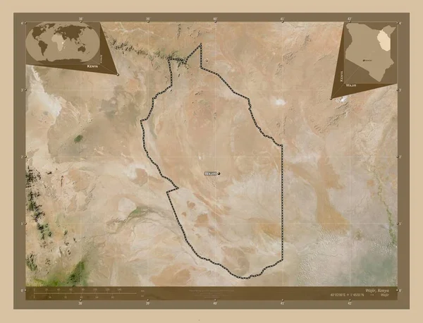 Wajir 肯尼亚县 低分辨率卫星地图 该区域主要城市的地点和名称 角辅助位置图 — 图库照片