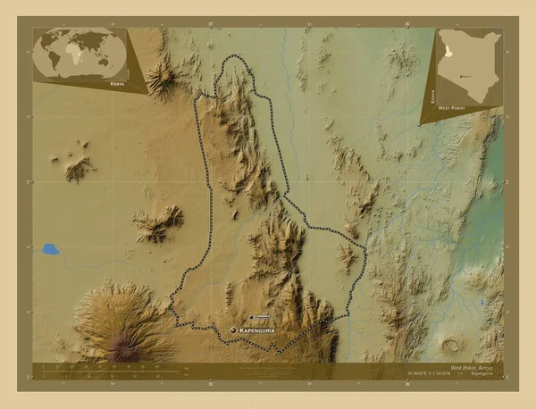 West Pokot Okres Keňa Barevná Mapa Jezery Řekami Umístění Názvy — Stock fotografie